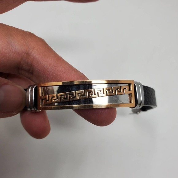 Stainless Steel Leather Cuff Silver and Gold Tone Metal Bracelet - Picture 4 of 7